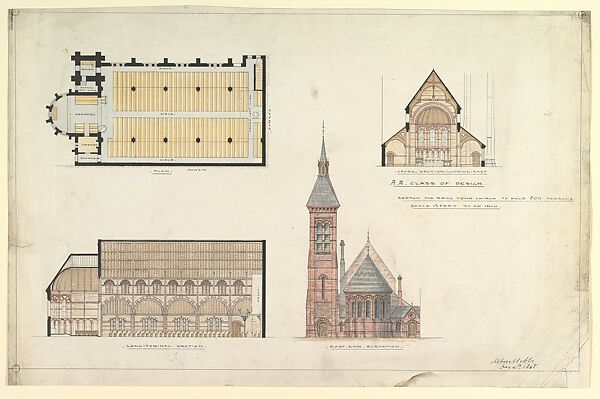 Brick Town Church, Sir Austin Webb (British, Clapham, London 1849–1930 London), Watercolor, pen and black ink 