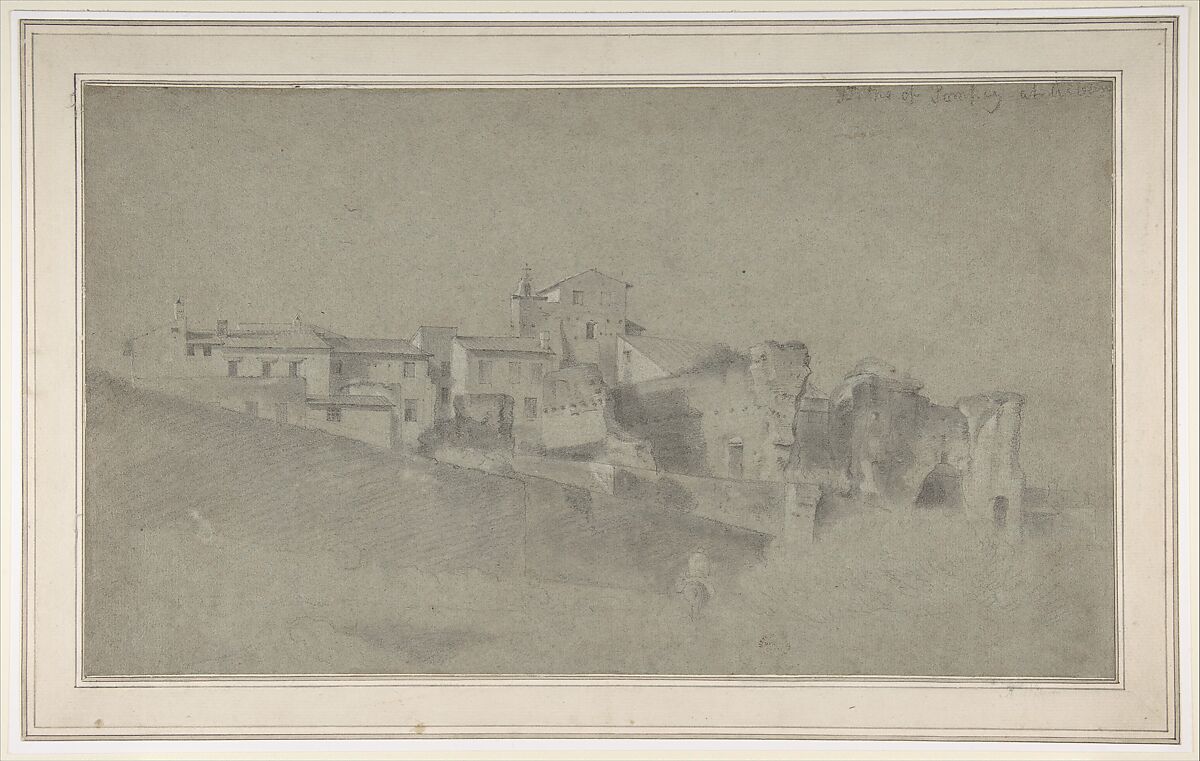 House of Pompey at Albano, Richard Wilson (British, Penegoes, Wales 1712/13–1782 Denbighshire, Wales), Black chalk touched with white chalk on gray paper 