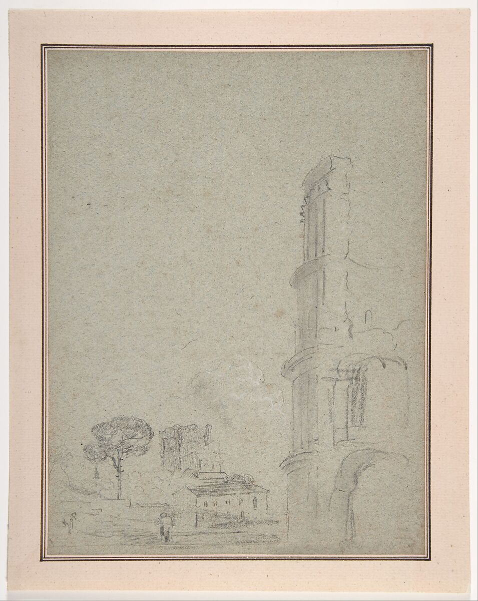 View of the Colosseum, Richard Wilson (British, Penegoes, Wales 1712/13–1782 Denbighshire, Wales), Black chalk heightened with white chalk on gray paper; sheet laid down on pink paper mount with double border in brown ink 