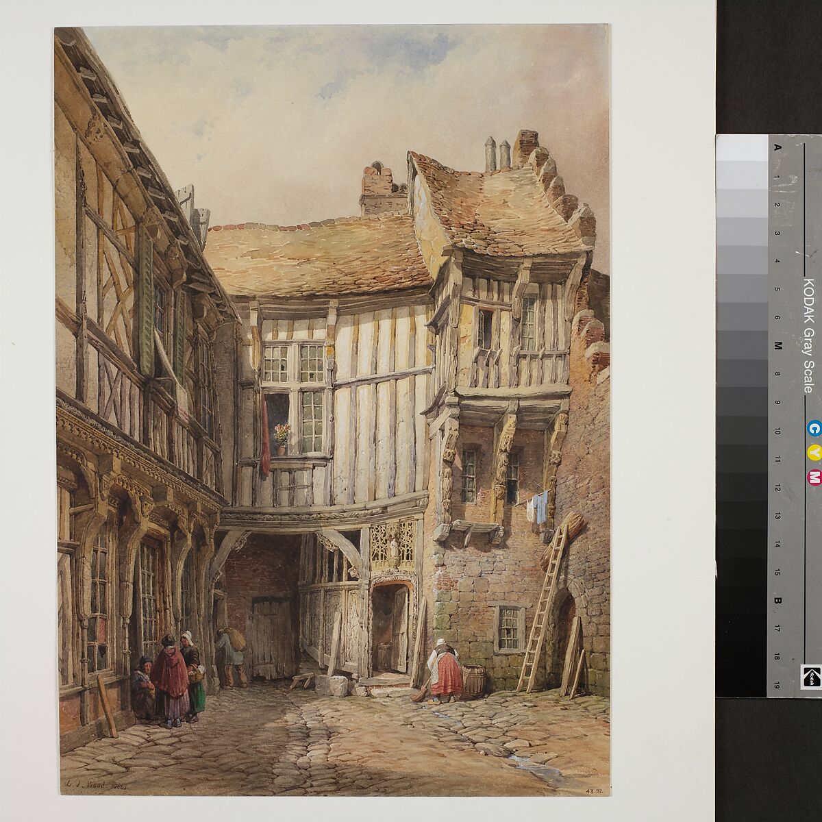 Courtyard of House at no. 29, Rue de la Tannerie, Abbeville, Somme, France; said to be from the reign of François I, Lewis John Wood (British, London 1813–1901), Watercolor