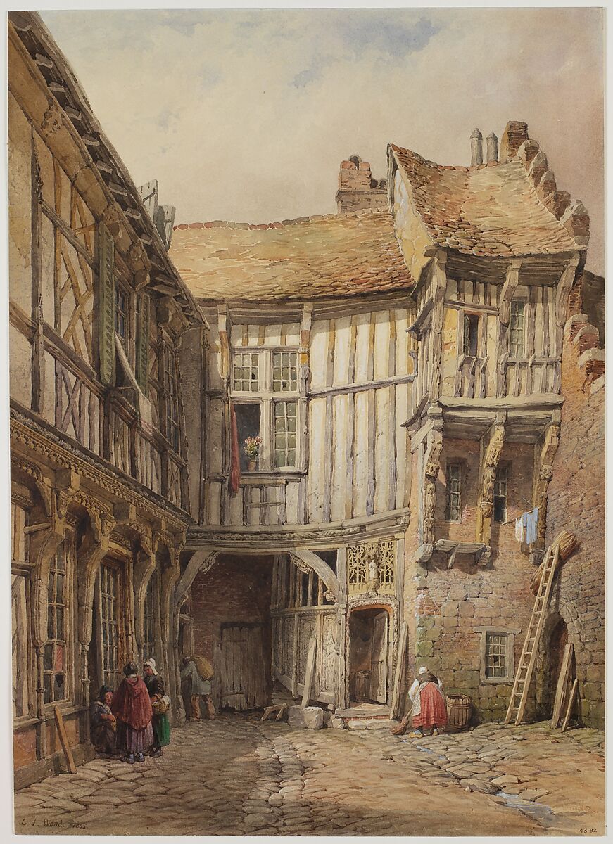 Courtyard of House at no. 29, Rue de la Tannerie, Abbeville, Somme, France; said to be from the reign of François I, Lewis John Wood (British, London 1813–1901), Watercolor 