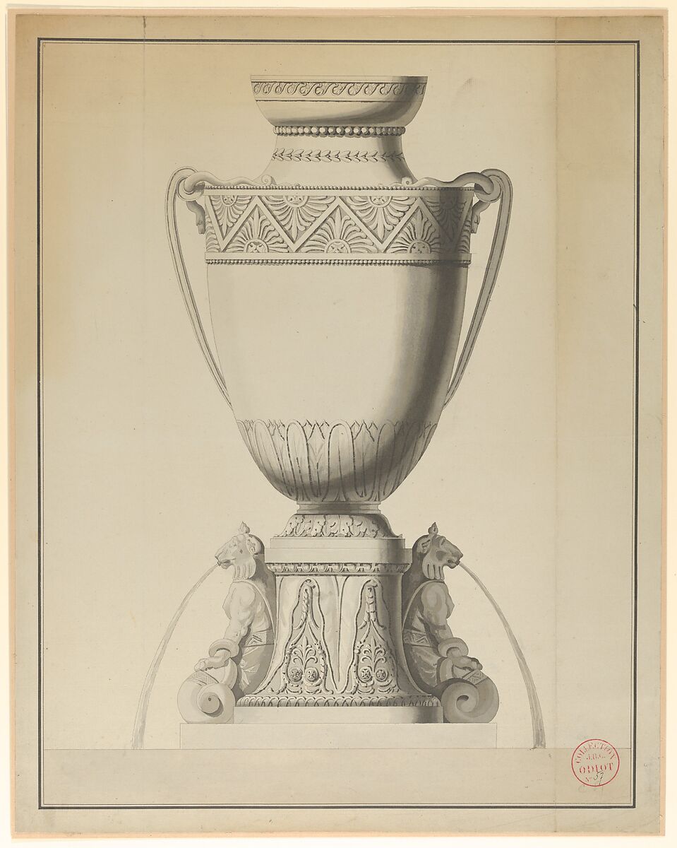 Design for a Wine Fountain, Henri Auguste (French, Paris 1759–1816 Port-au-Prince), Pen and black ink, brush and gray wash, with framing lines in pen and black ink 