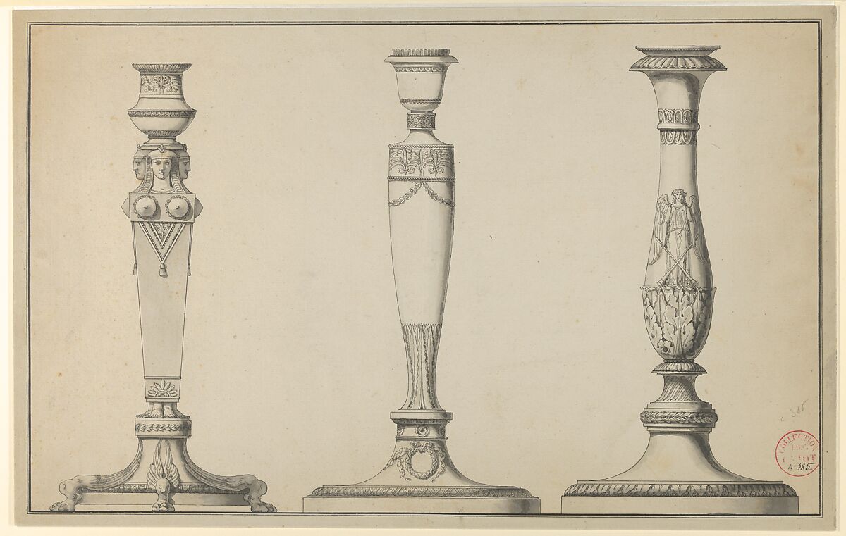 Three Designs for Candlesticks, Workshop of Henri Auguste (French, Paris 1759–1816 Port-au-Prince), Pen and black ink, brush and gray wash, with framing lines in pen and black ink 