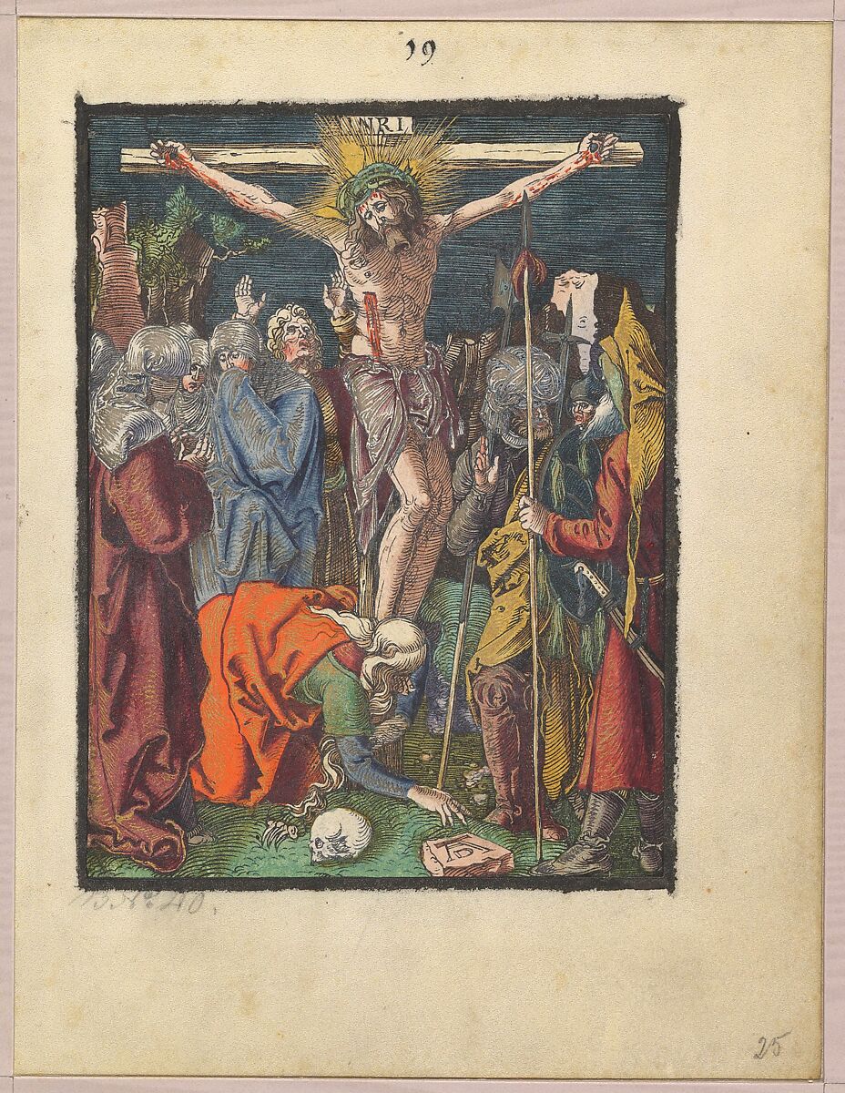 Crucifixion, from "The Small Woodcut Passion", Albrecht Dürer (German, Nuremberg 1471–1528 Nuremberg), Hand-colored woodcut 