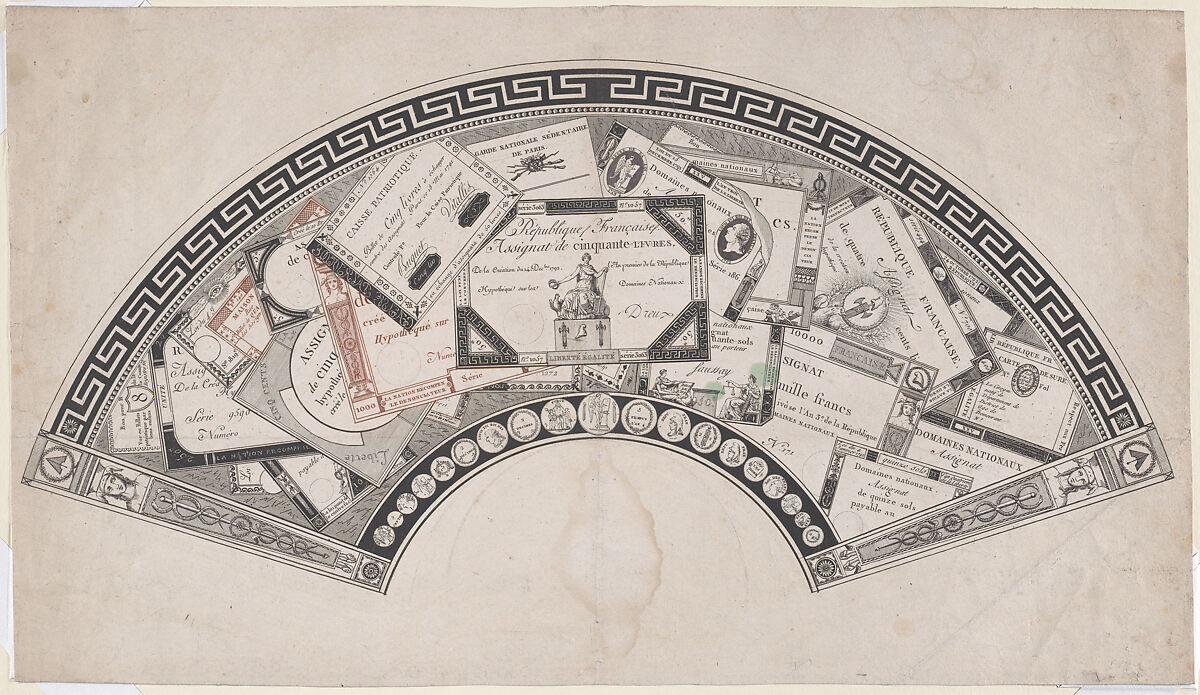 Fan Design with Republican Assignats (French Revolutionary Money), Anonymous, French, 18th century, Etching, a small portion printed in color 