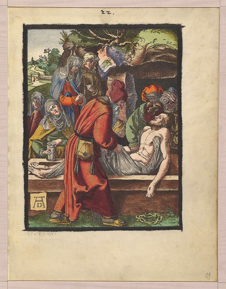 Deposition, from "The Small Woodcut Passion", Albrecht Dürer (German, Nuremberg 1471–1528 Nuremberg), Hand-colored woodcut 