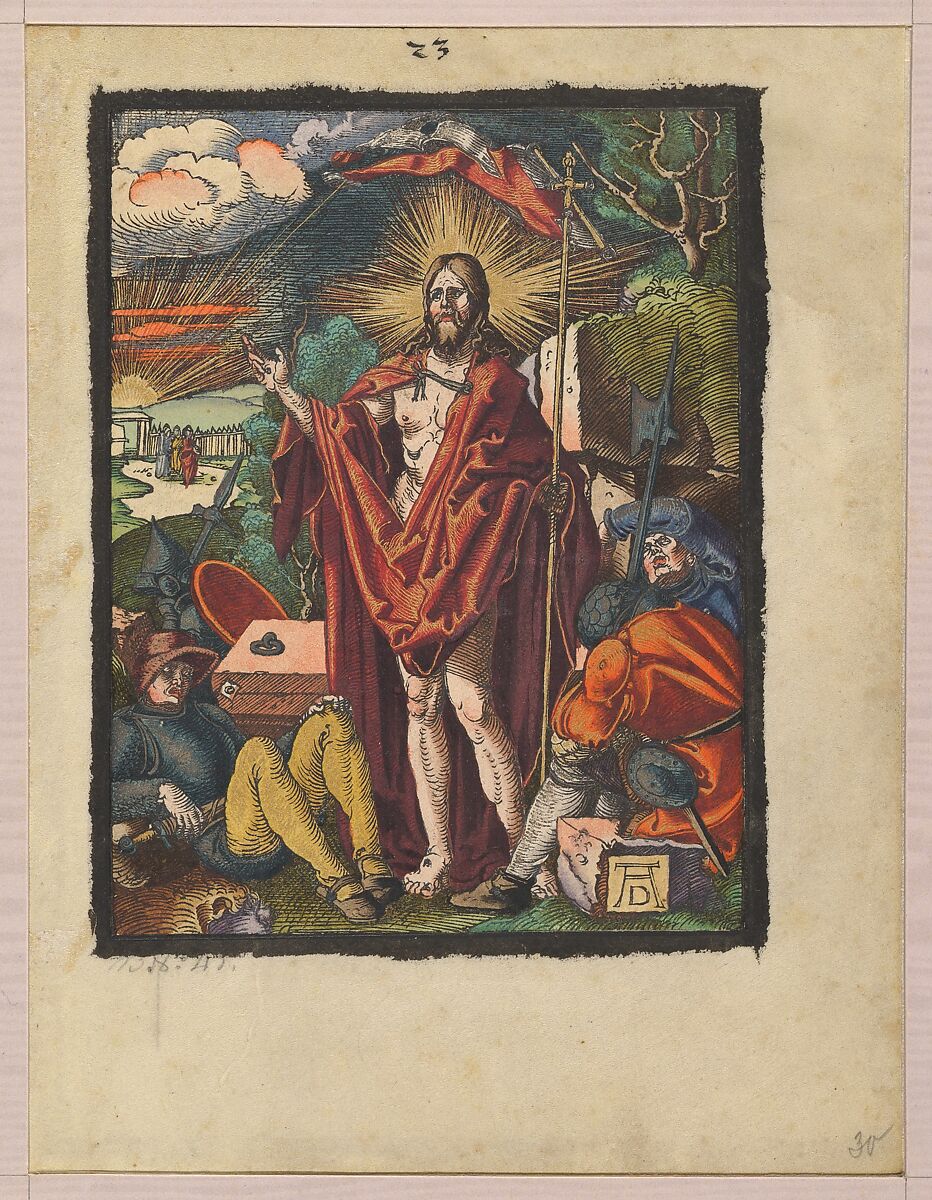 Resurrection, from "The Small Woodcut Passion", Albrecht Dürer (German, Nuremberg 1471–1528 Nuremberg), Hand-colored woodcut 