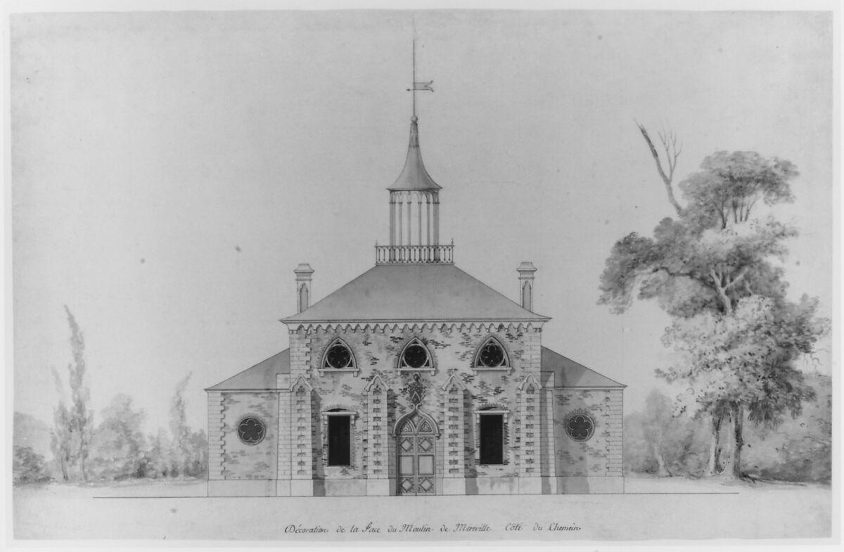 An Elevation for the Projected Mill at Méréville, François Joseph Belanger (French, Paris 1744–1818 Paris), Pen and black ink with watercolor over graphite