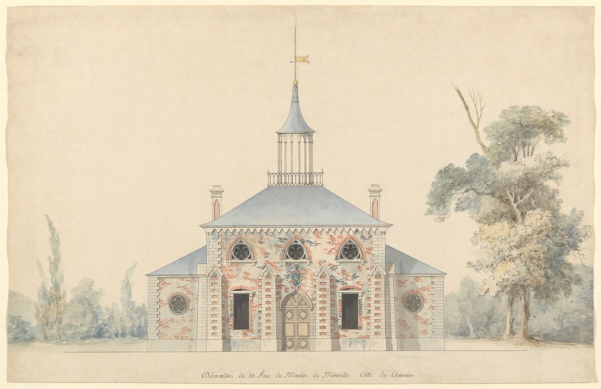 An Elevation for the Projected Mill at Méréville, François Joseph Belanger (French, Paris 1744–1818 Paris), Pen and black ink with watercolor over graphite underdrawing on off-white antique laid paper 