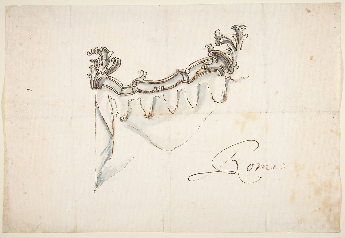 Design for a Crest with Drapery (the Upper Part of a Canopy or Window Treatment), Attributed to Giovanni Battista Natali III (Italian, Pontremoli, Tuscany 1698–1765 Naples), Pen and brown ink, brush with blue-gray and brown wash, over traces of graphite or black chalk 