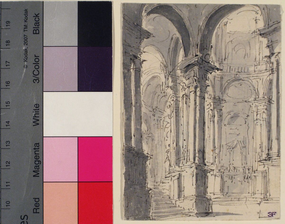 Design for Stage Set with a Circular Arcade (recto); Sketch for Stage Set with Circular Arcade (verso), Attributed to Giovanni Battista Natali III (Italian, Pontremoli, Tuscany 1698–1765 Naples), Pen and brown ink, brush and gray wash, over traces of graphite (recto); pen and brown ink (verso)