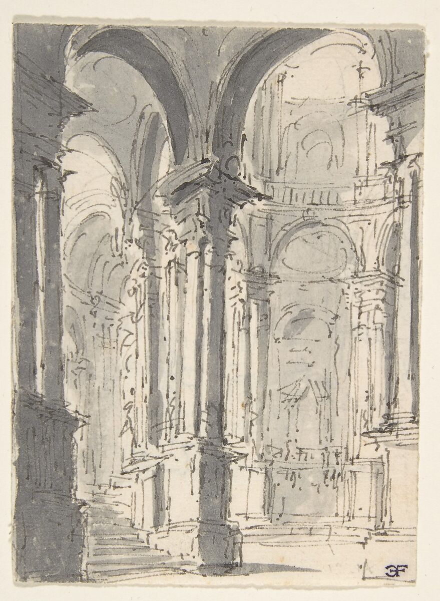 Design for Stage Set with a Circular Arcade (recto); Sketch for Stage Set with Circular Arcade (verso), Attributed to Giovanni Battista Natali III (Italian, Pontremoli, Tuscany 1698–1765 Naples), Pen and brown ink, brush and gray wash, over traces of graphite (recto); pen and brown ink (verso) 