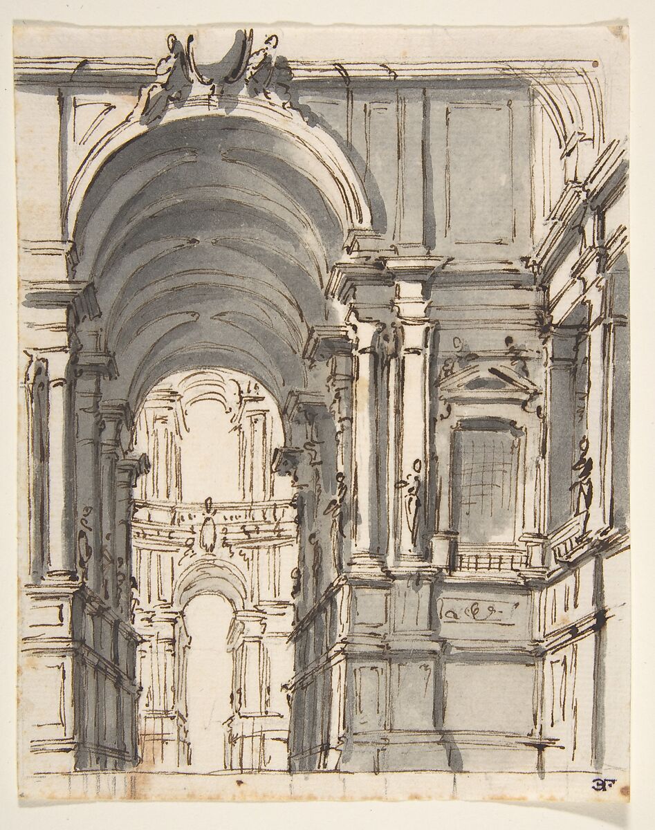 Design for Stage Set, Attributed to Giovanni Battista Natali III (Italian, Pontremoli, Tuscany 1698–1765 Naples), Pen and brown ink, brush and gray wash 