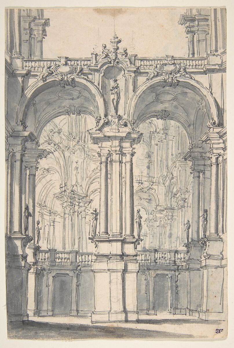 Design for Stage Set, Attributed to Giovanni Battista Natali III (Italian, Pontremoli, Tuscany 1698–1765 Naples), Pen and brown ink, brush and gray wash 