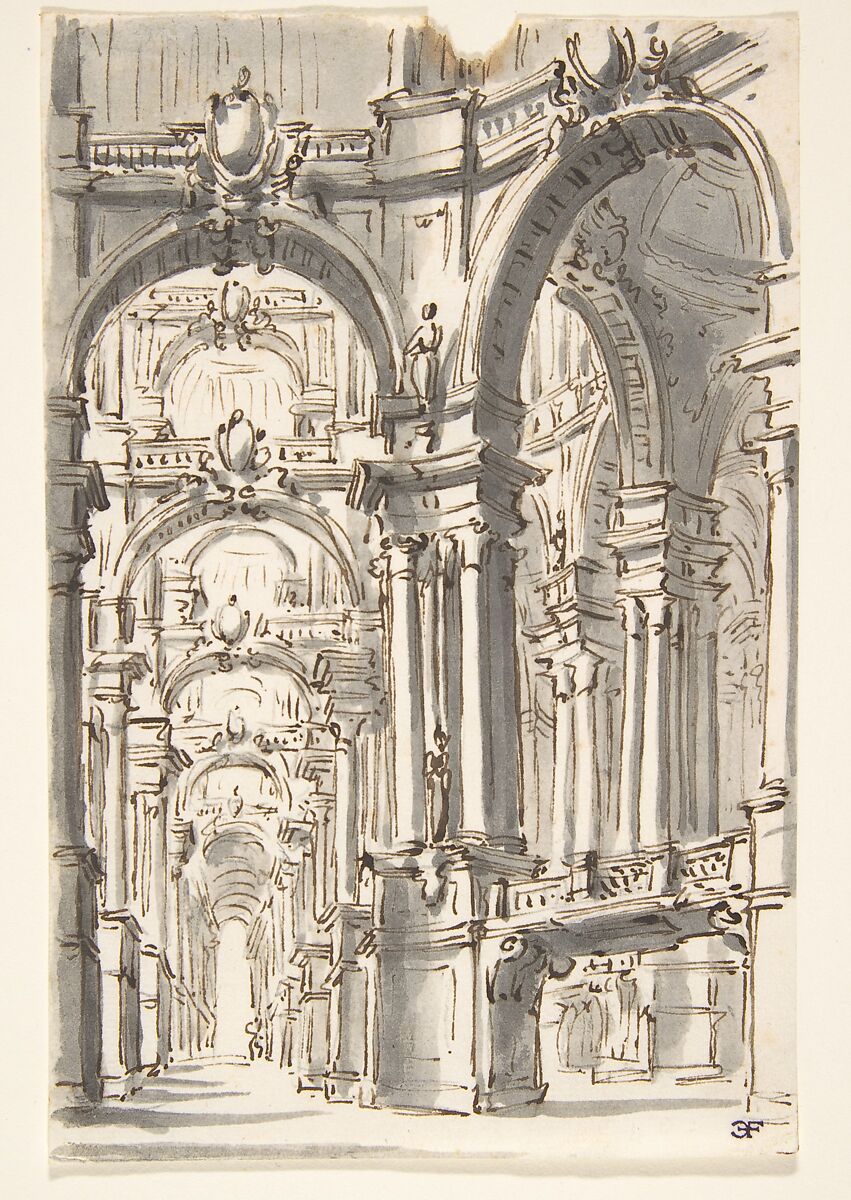 Design for Stage Set, Attributed to Giovanni Battista Natali III (Italian, Pontremoli, Tuscany 1698–1765 Naples), Pen and brown ink, brush and gray wash 