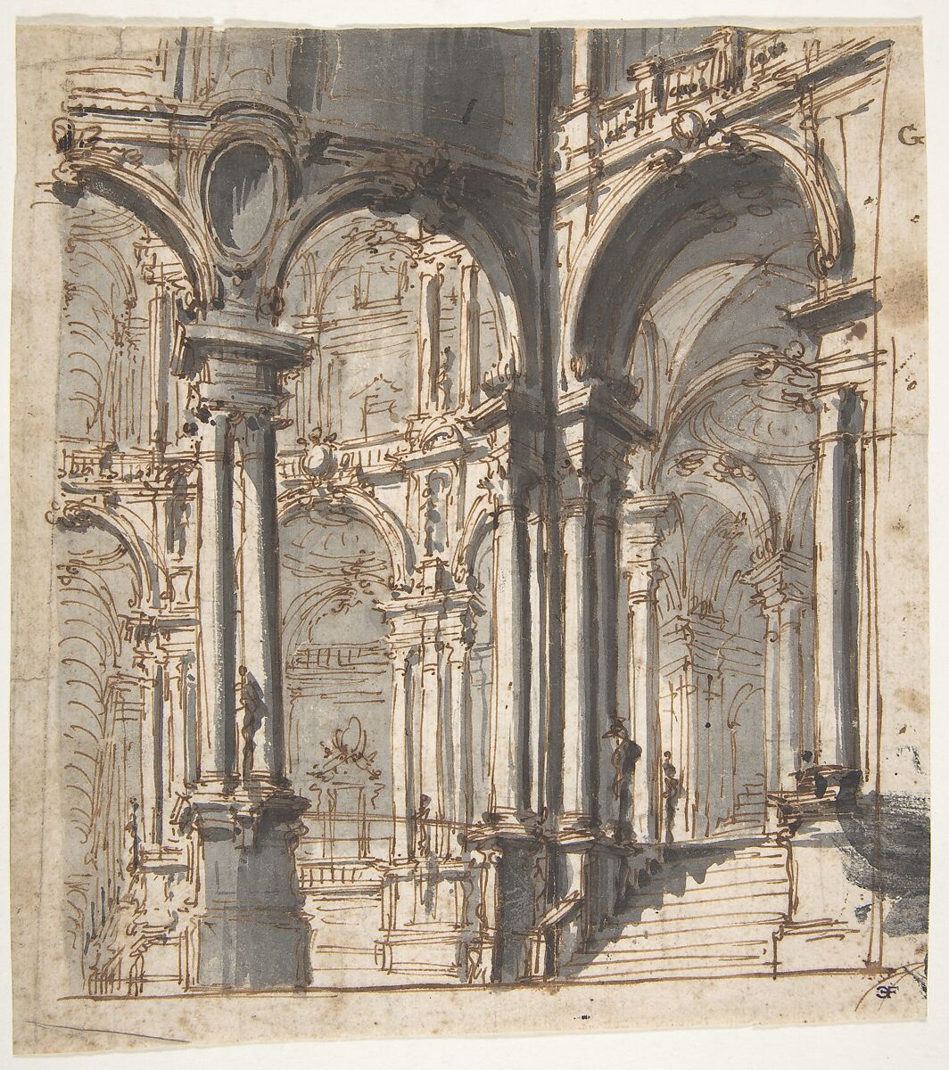 Design for Stage Set, Attributed to Giovanni Battista Natali III (Italian, Pontremoli, Tuscany 1698–1765 Naples), Pen and brown ink, brush and gray wash 