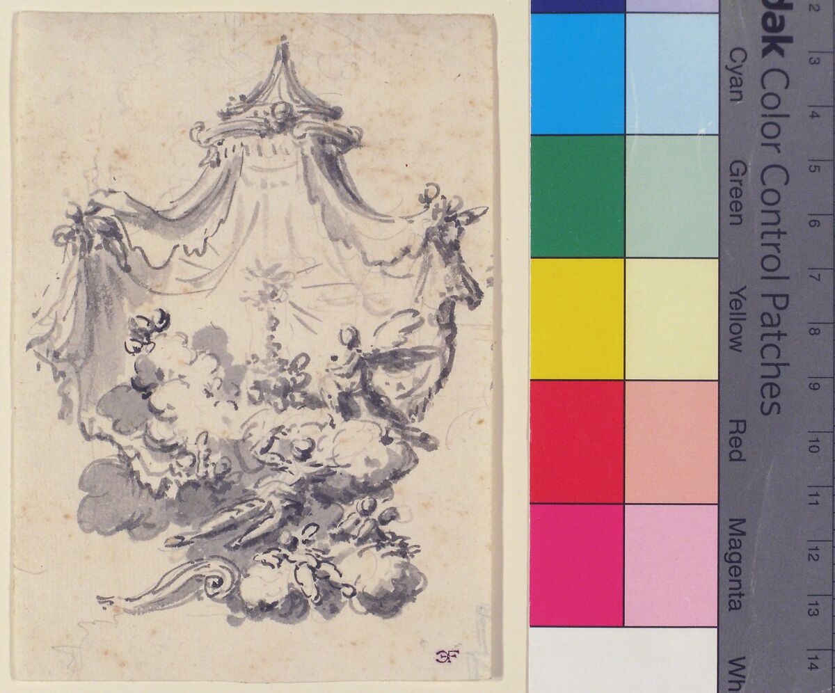 Parted Curtains Revealing Angels Upon Clouds Worshipping a Monstrance (Design for a Stage Set?), Attributed to Giovanni Battista Natali III (Italian, Pontremoli, Tuscany 1698–1765 Naples), Pen and brown ink, brush and gray wash