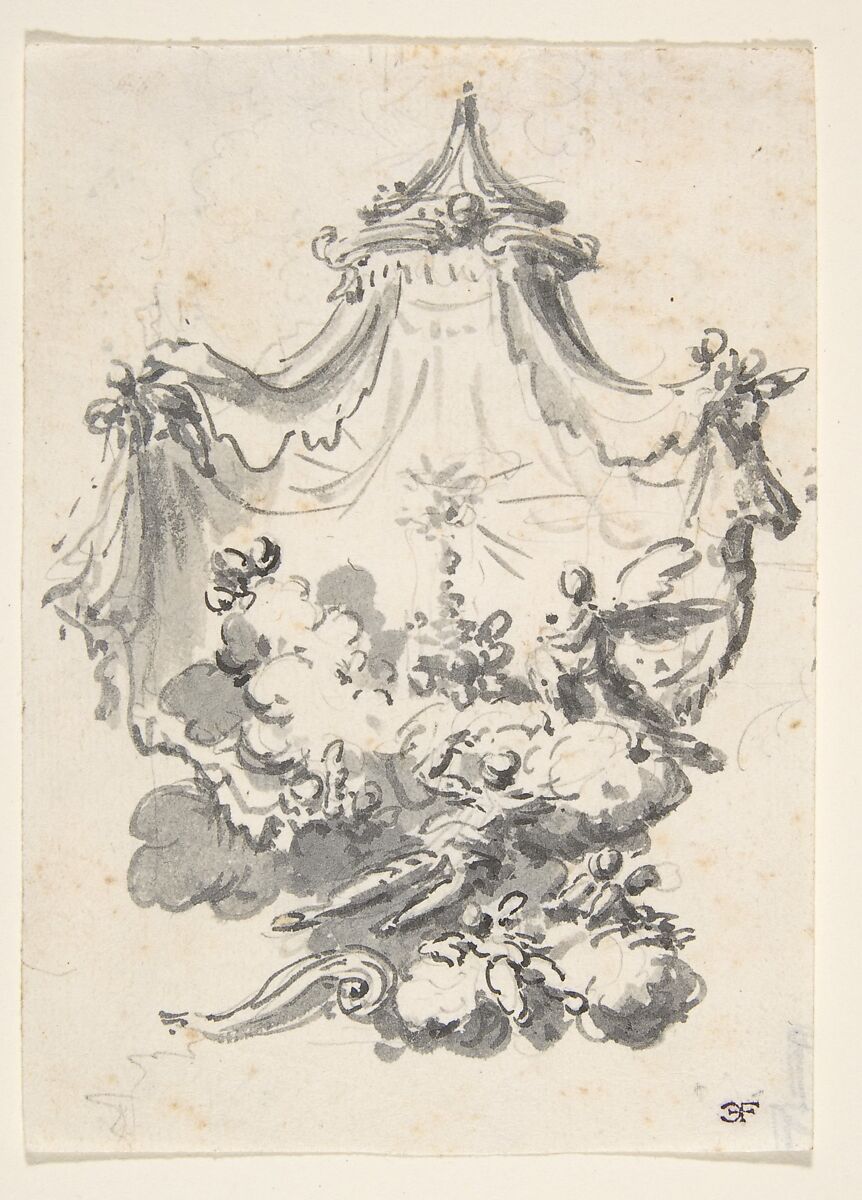 Parted Curtains Revealing Angels Upon Clouds Worshipping a Monstrance (Design for a Stage Set?), Attributed to Giovanni Battista Natali III (Italian, Pontremoli, Tuscany 1698–1765 Naples), Pen and brown ink, brush and gray wash 