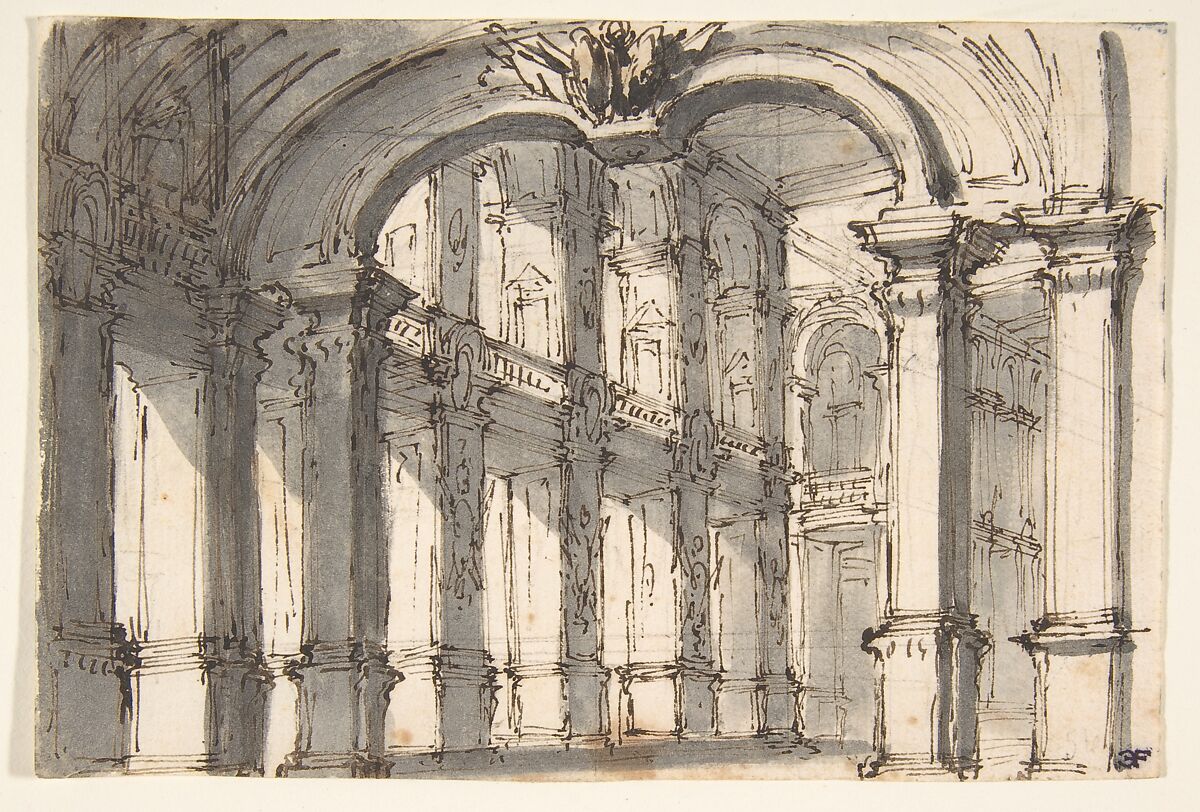Design for Stage Set, Giovanni Battista Natali III (Italian, Pontremoli, Tuscany 1698–1765 Naples), Pen and brown ink, brush and gray wash 