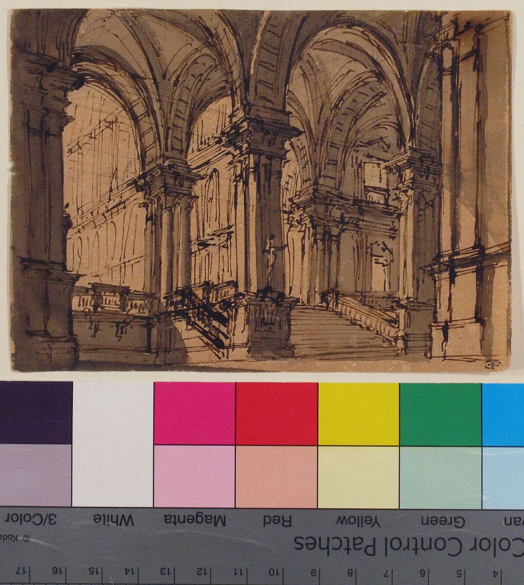 Design for Stage Set, Attributed to Giovanni Battista Natali III (Italian, Pontremoli, Tuscany 1698–1765 Naples), Pen and brown ink, brush and brown wash, on yellow-brown paper