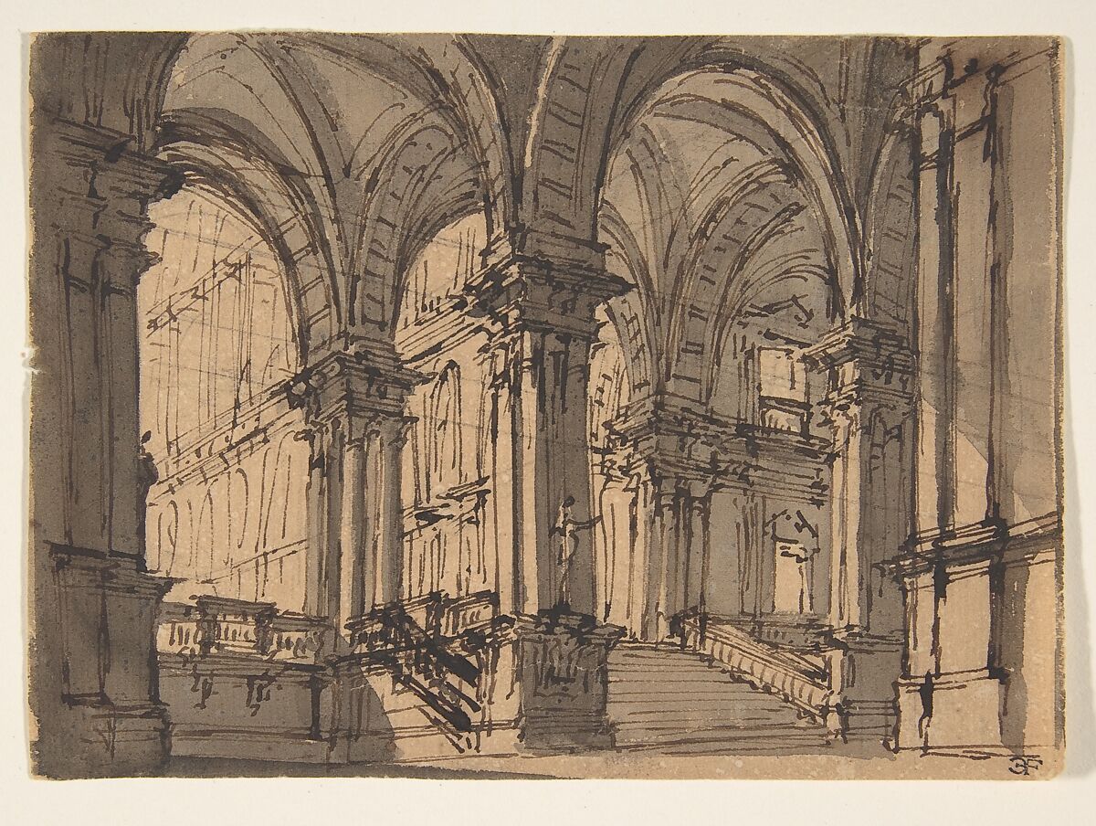 Design for Stage Set, Attributed to Giovanni Battista Natali III (Italian, Pontremoli, Tuscany 1698–1765 Naples), Pen and brown ink, brush and brown wash, on yellow-brown paper 