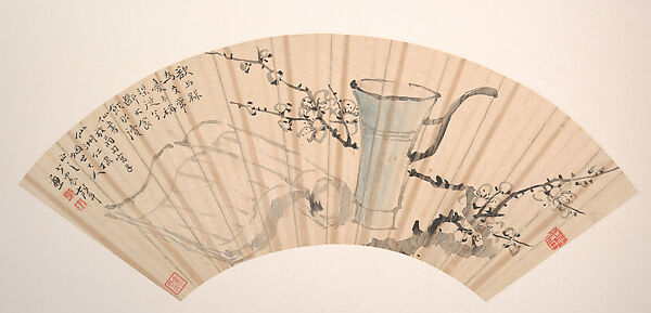 Still-life with Plum, Wang Zhensheng (Chinese, 1842–1922), Folding fan mounted as an album leaf; ink and color on alum paper, China 