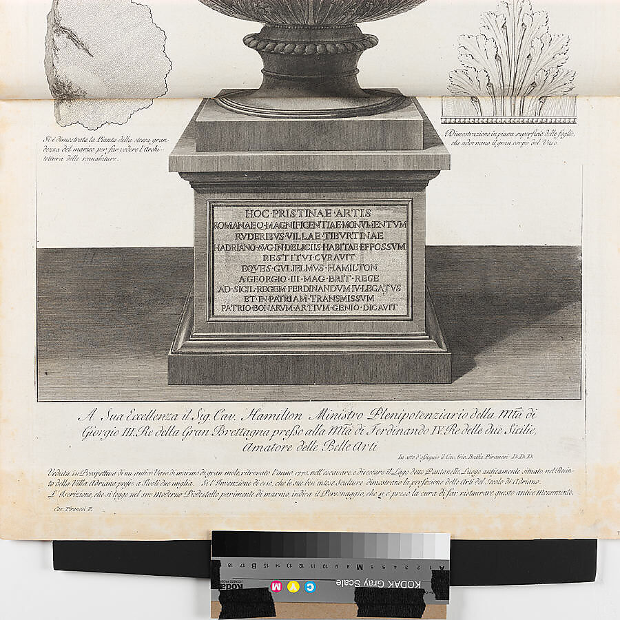 Large vase found at the Pantanello, Hadrian's Villa, Tivoli, in 1770 (The 'Warwick Vase'), from "Vasi, candelabri, cippi, sarcofagi, tripodi, lucerne, ed ornamenti antichi disegnati ed incisi dal Cav. Gio. Batt. Piranesi, Vol. I" (Vases, candelabra, grave stones, sarcophagi, tripods, lamps, and ornaments designed and etched by Cavalieri Giovanni Battista Piranesi), Giovanni Battista Piranesi (Italian, Mogliano Veneto 1720–1778 Rome), Etching