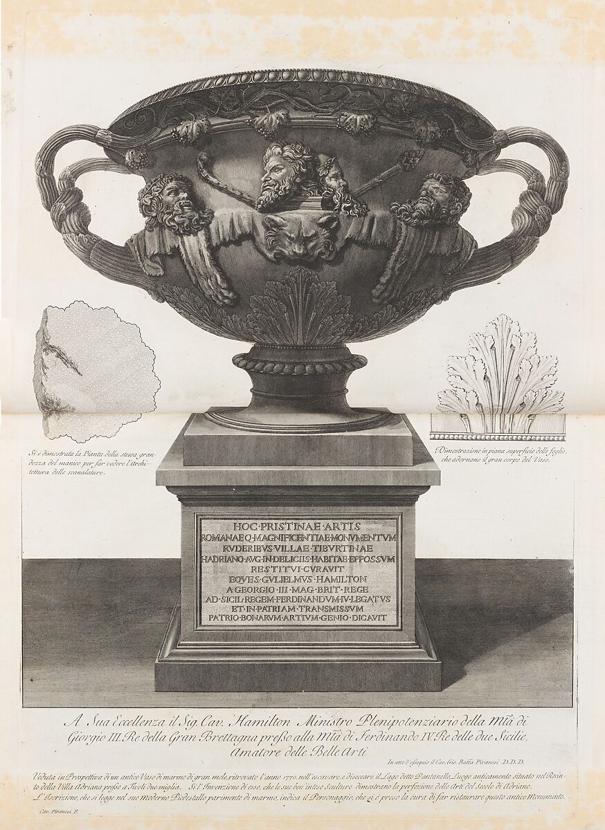 Large vase found at the Pantanello, Hadrian's Villa, Tivoli, in 1770 (The 'Warwick Vase'), from "Vasi, candelabri, cippi, sarcofagi, tripodi, lucerne, ed ornamenti antichi disegnati ed incisi dal Cav. Gio. Batt. Piranesi, Vol. I" (Vases, candelabra, grave stones, sarcophagi, tripods, lamps, and ornaments designed and etched by Cavalieri Giovanni Battista Piranesi), Giovanni Battista Piranesi  Italian, Etching