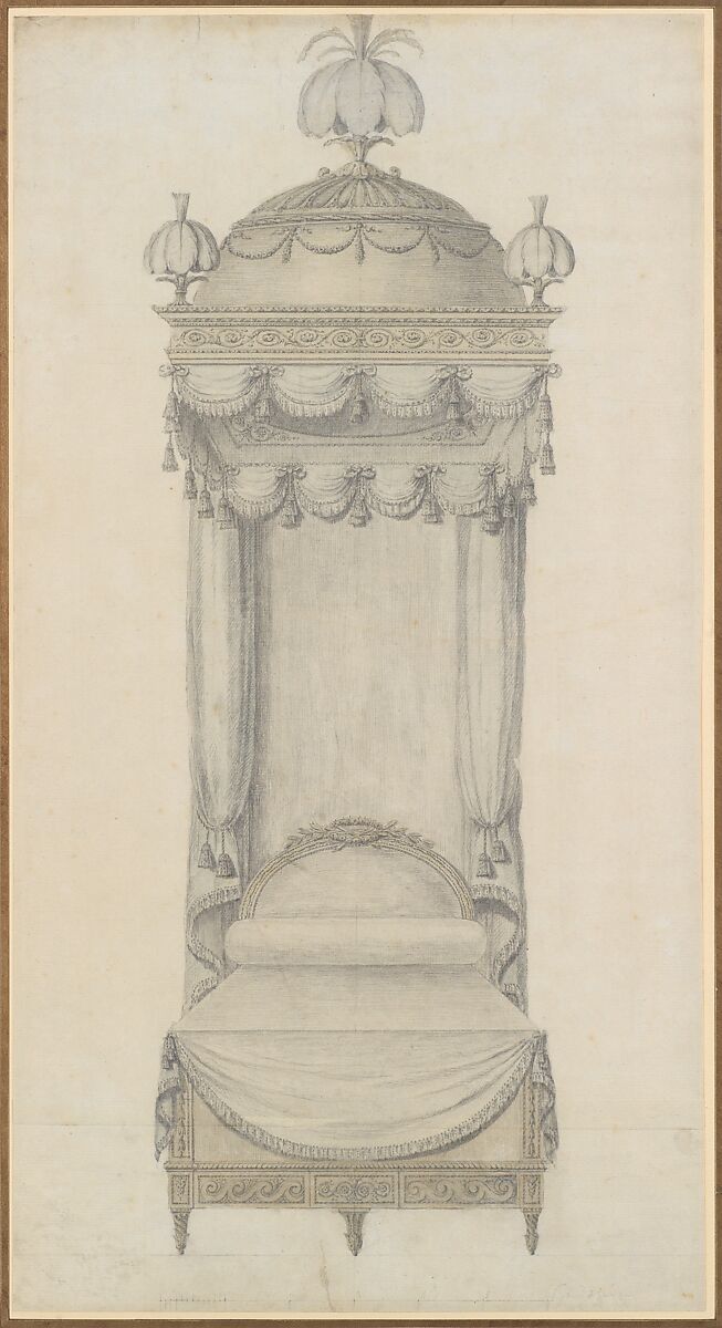 Design for a Bed, Richard de Lalonde (French, active Paris, 1780–90), Graphite, brush and gray and brown wash 