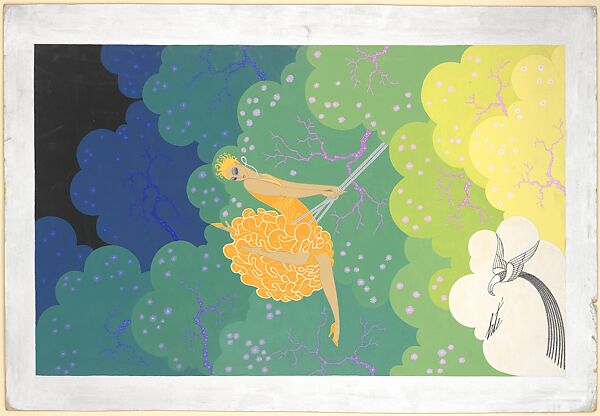 Window Display Design with Girl on a Swing, Erté (Romain de Tirtoff) (French (born Russia), St. Petersburg 1892–1990 Paris), Gouache and metallic paint 