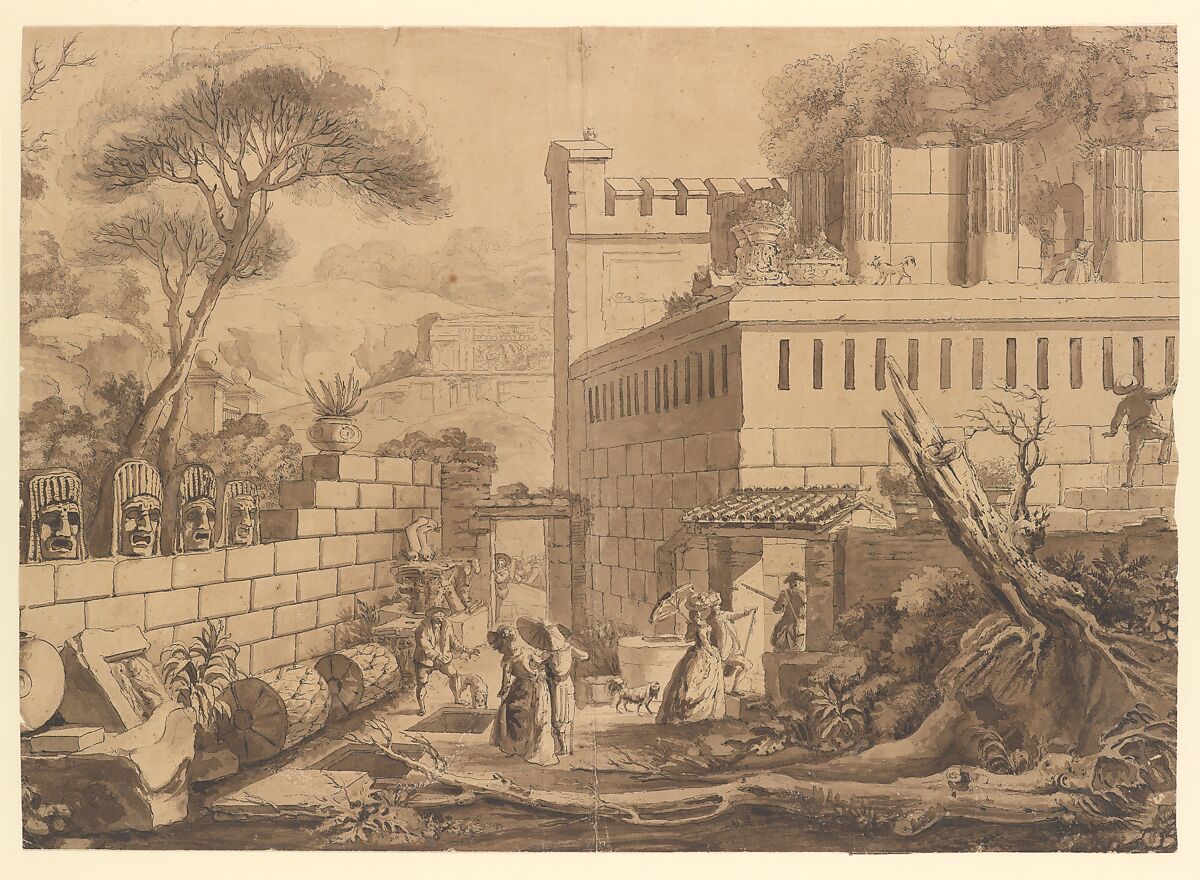 A view of the Tomb of Mamia, in Pompeii, Louis Jean Desprez (French, Auxerre 1743–1804 Stockholm), Brush and brown wash over etching 
