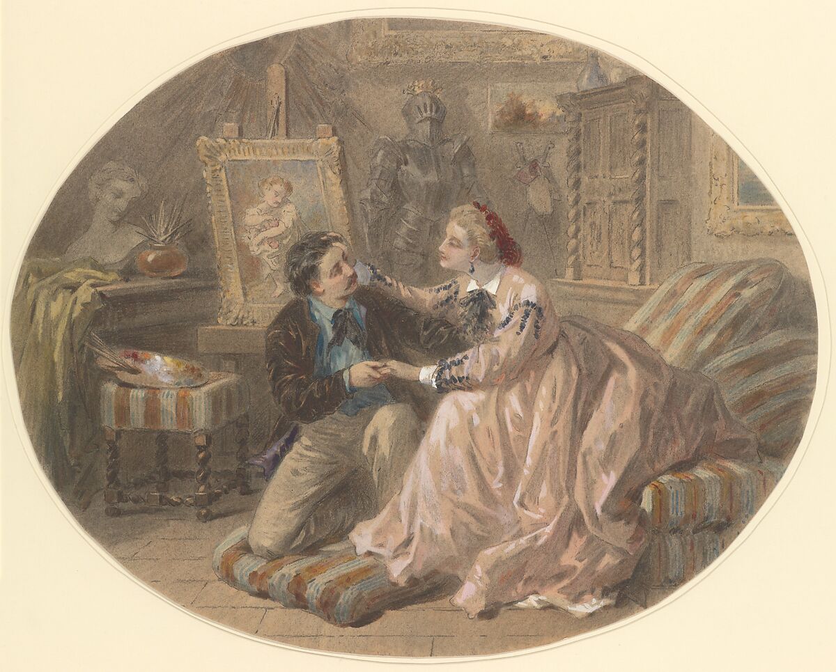 Un Mari qu'on Aime, Paul-Emile-Anthony Morlon (French, Sully-sur-Loire, 1845–1905), Black chalk, watercolor, and gouache 