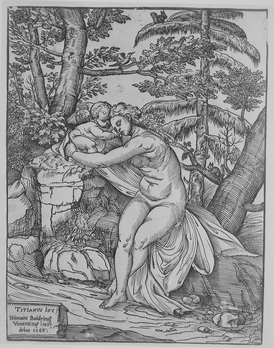 Venus and Cupid, Nicolò Boldrini (Italian, Vicenza ca. 1500–after 1566 Venice), Woodcut (key block only) 