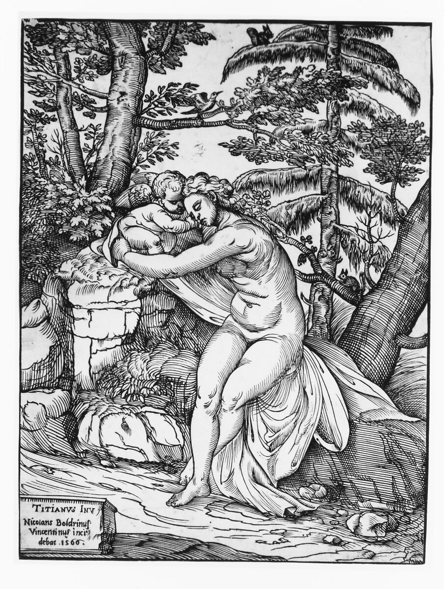 Venus and Cupid, Nicolò Boldrini (Italian, Vicenza ca. 1500–after 1566 Venice), Woodcut (key block only)