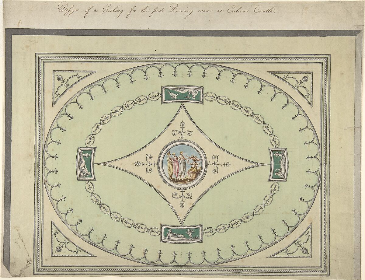 Design for a Ceiling for the First Drawing Room at Culzean Castle, Ayrshire, Robert Adam (British, Kirkcaldy, Scotland 1728–1792 London), Pen and ink, brush and green wash and watercolor 