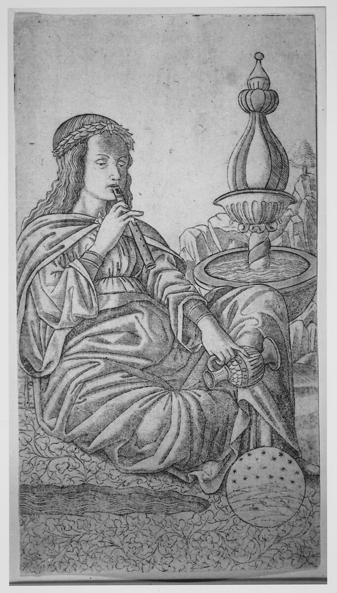 Poetry (Poesia XXVII), Master of the E-Series Tarocchi (Italian, active Ferrara, 1460's), Engraving with gold hand coloring