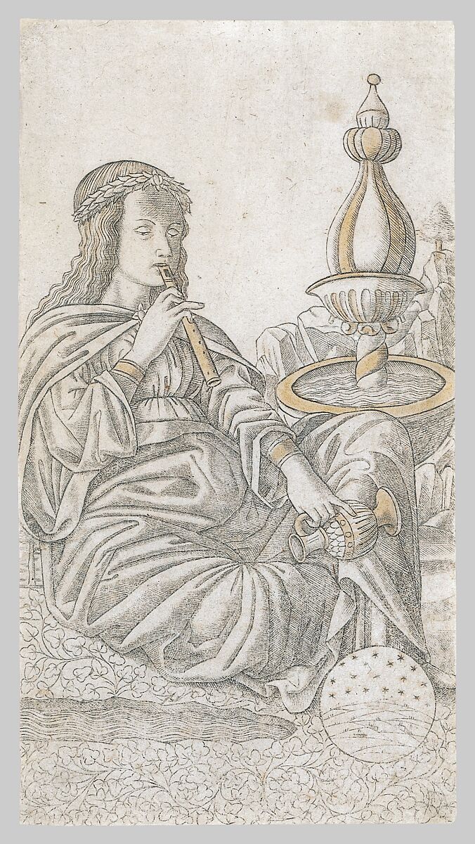 Poetry (Poesia XXVII), Master of the E-Series Tarocchi (Italian, active Ferrara, 1460&#39;s), Engraving with gold hand coloring 