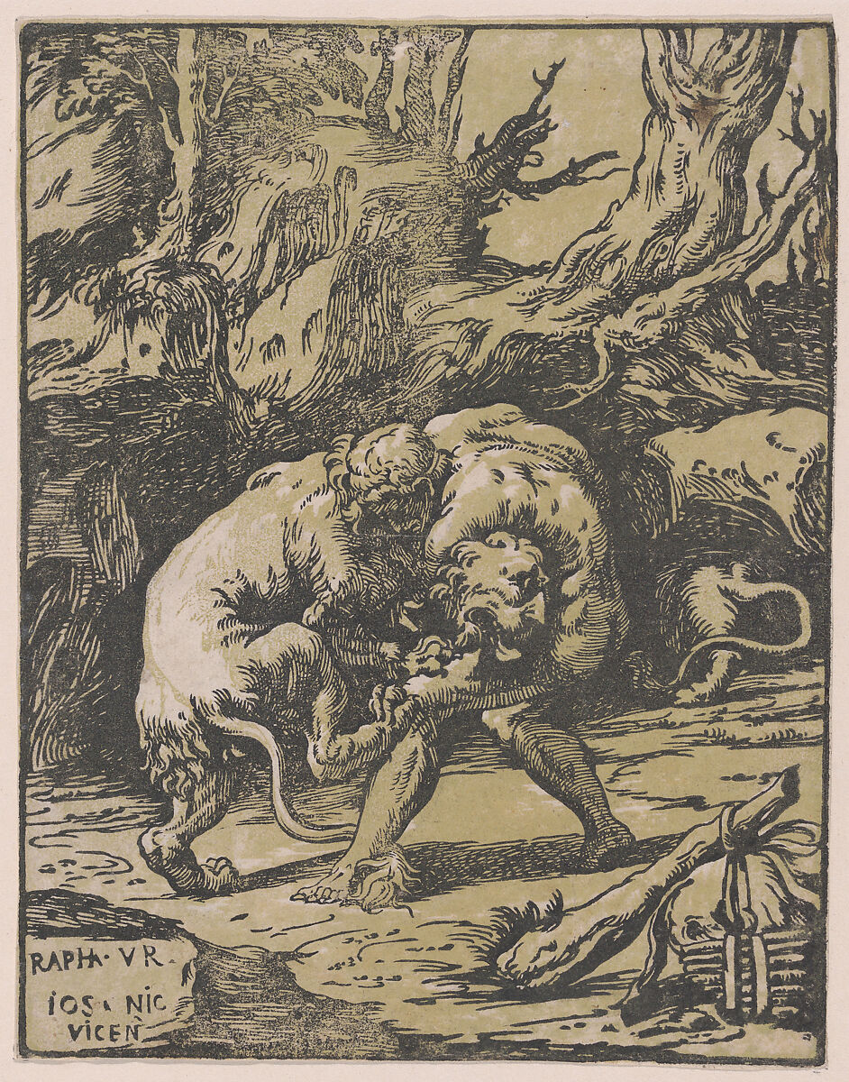 Hercules and the Nemean Lion, Niccolò Vicentino (Italian, active ca. 1510–ca. 1550), Chiaroscuro woodcut from two blocks in black and lime (state ia/ii) 
