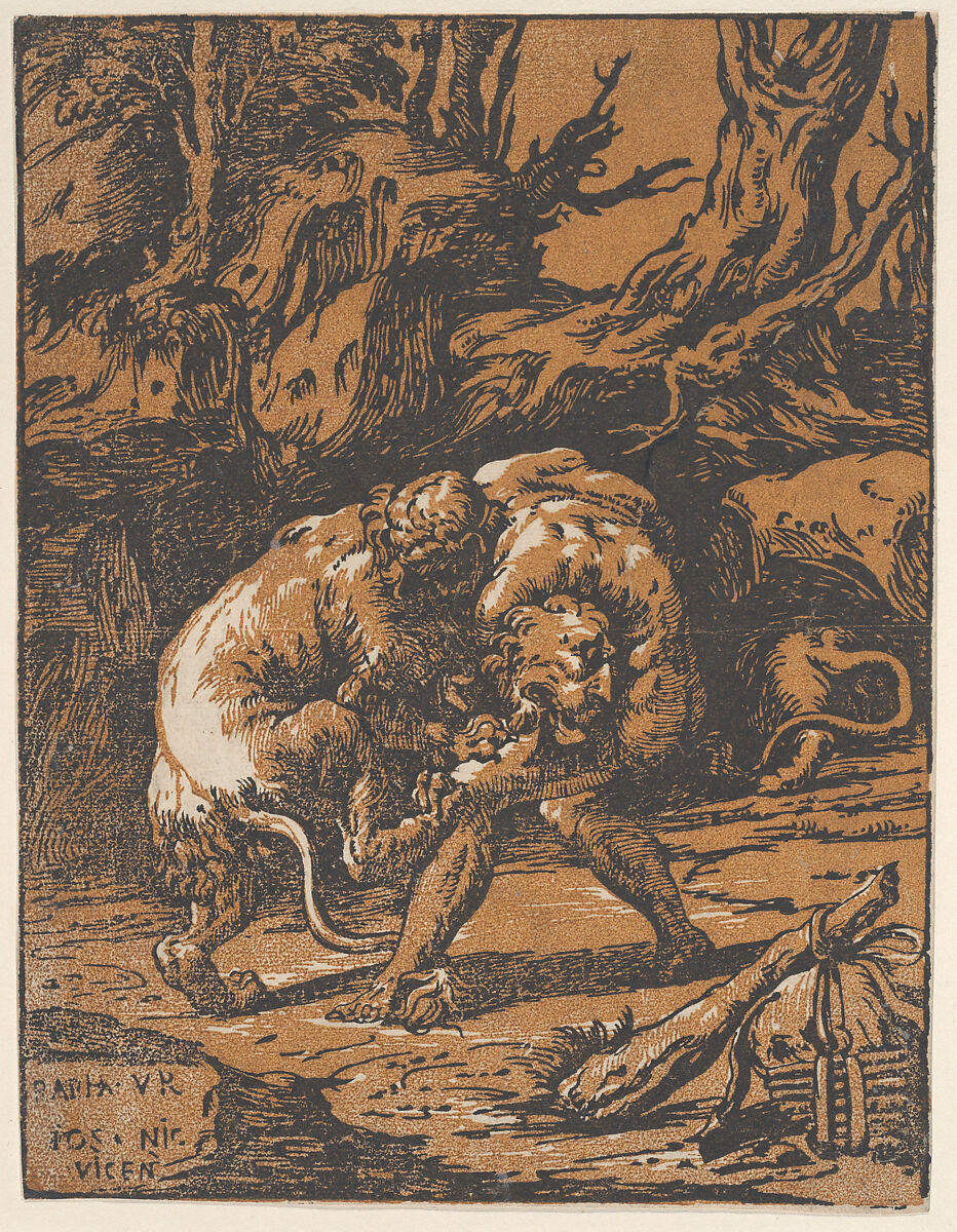 Hercules and the Nemean Lion, Niccolò Vicentino (Italian, active ca. 1510–ca. 1550), Chiaroscuro woodcut from two blocks in orange (state ia/ii) 