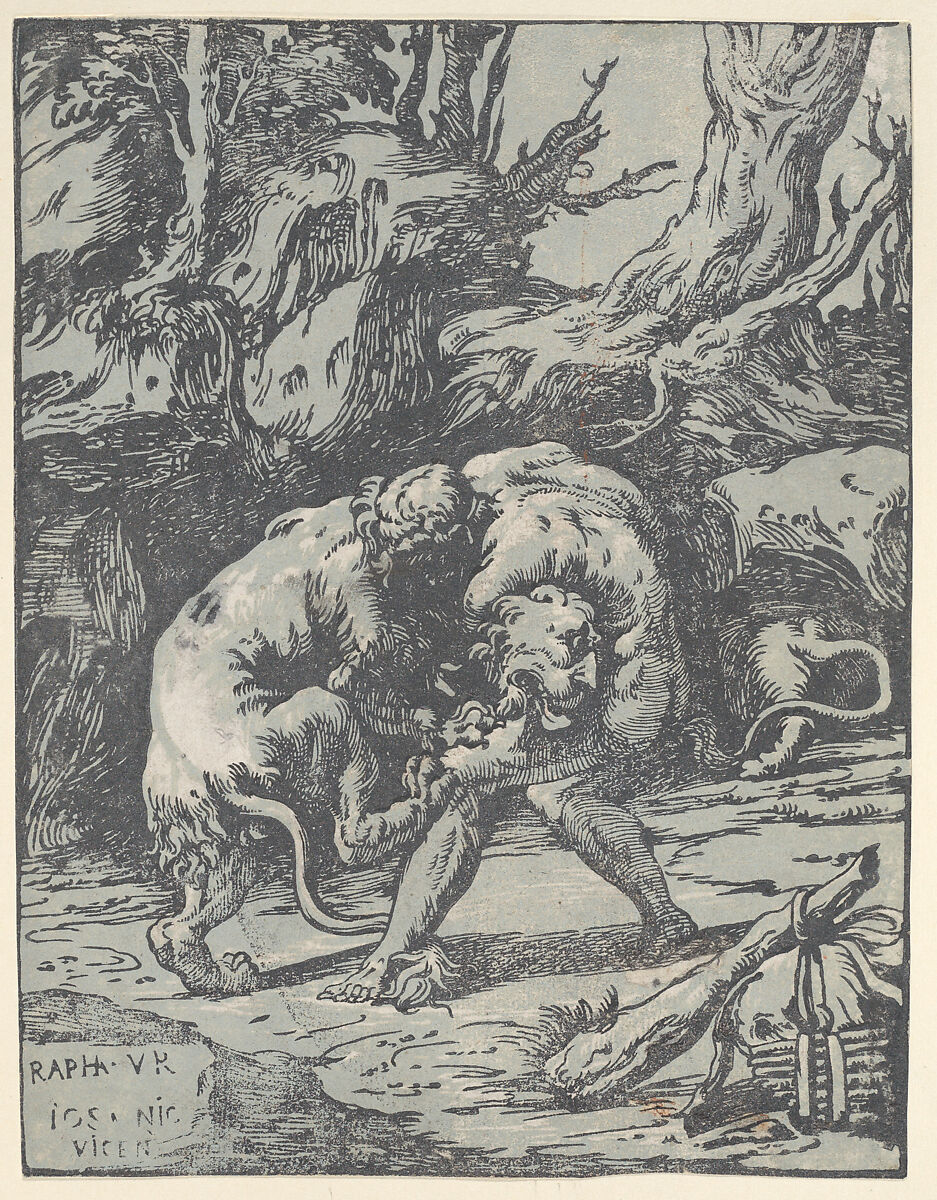 Hercules and the Nemean Lion, Niccolò Vicentino (Italian, active ca. 1510–ca. 1550), Chiaroscuro woodcut from two blocks in pale blue (state ia/ii) 