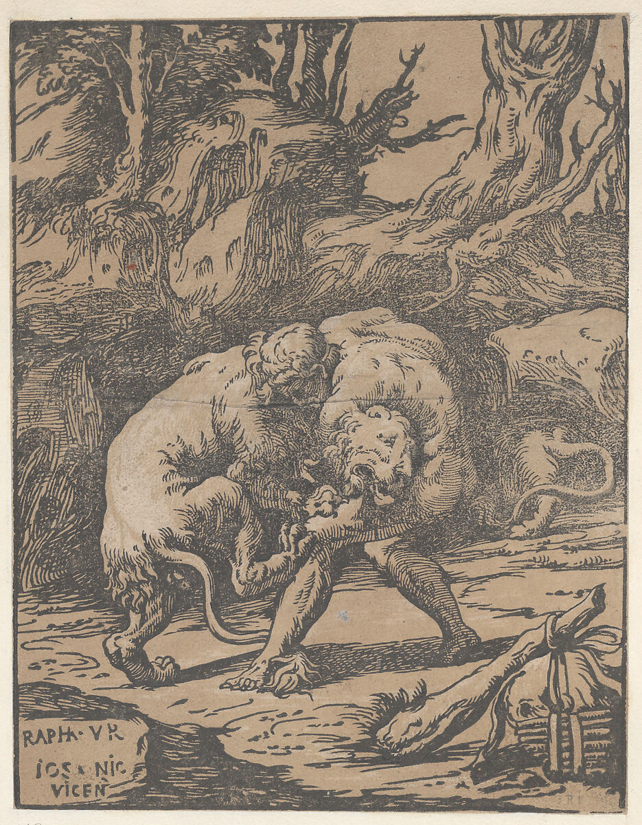 Hercules and the Nemean Lion, Niccolò Vicentino (Italian, active ca. 1510–ca. 1550), Chiaroscuro woodcut from two blocks in pale brown (state ib/ii) 