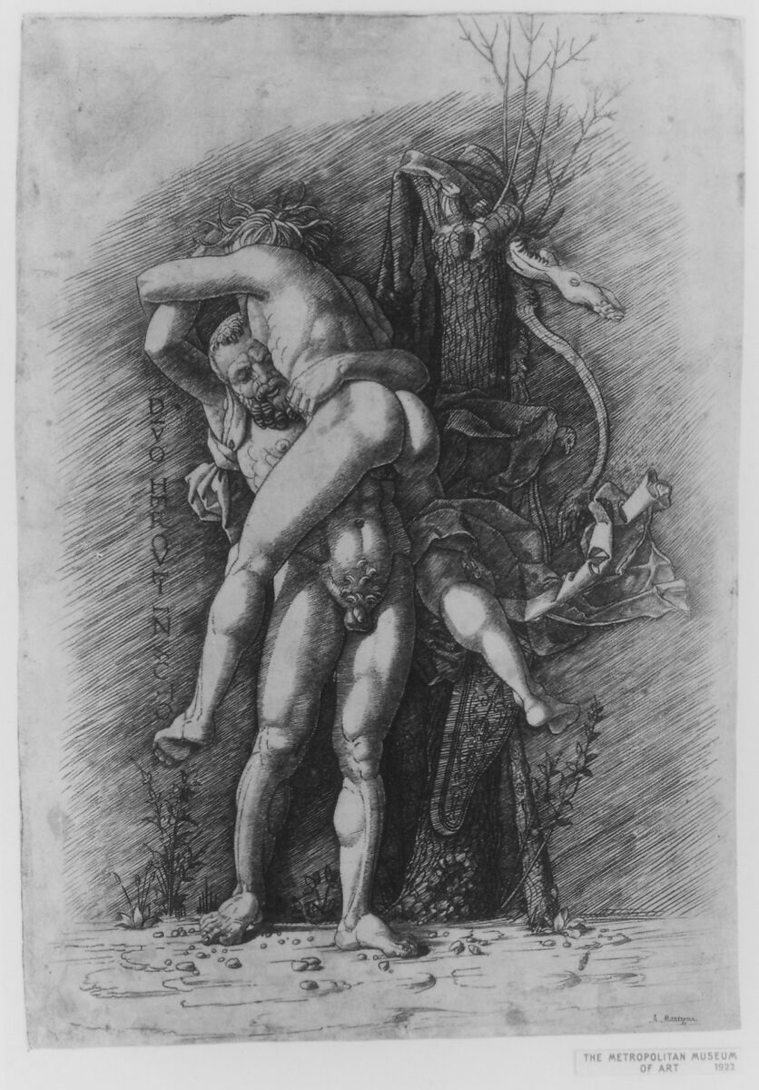 Hercules and Antaeus, Gian Marco Cavalli (Italian, ca. 1454–after 1508, activity documented 1475–1508), Engraving; main figures and parts of tree pricked for transfer