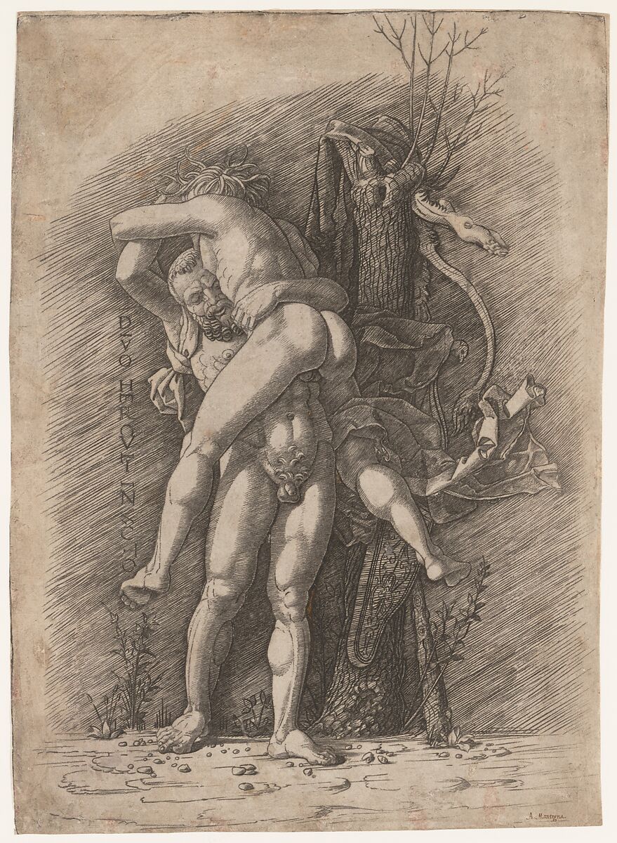 Hercules and Antaeus, Gian Marco Cavalli (Italian, ca. 1454–after 1508, activity documented 1475–1508), Engraving; main figures and parts of tree pricked for transfer