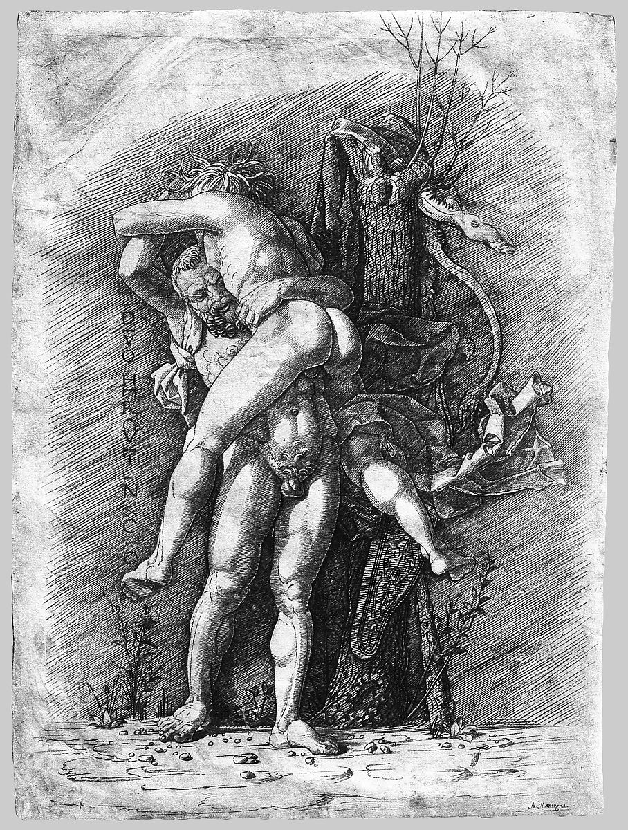 Hercules and Antaeus, Gian Marco Cavalli (Italian, ca. 1454–after 1508, activity documented 1475–1508), Engraving; main figures and parts of tree pricked for transfer