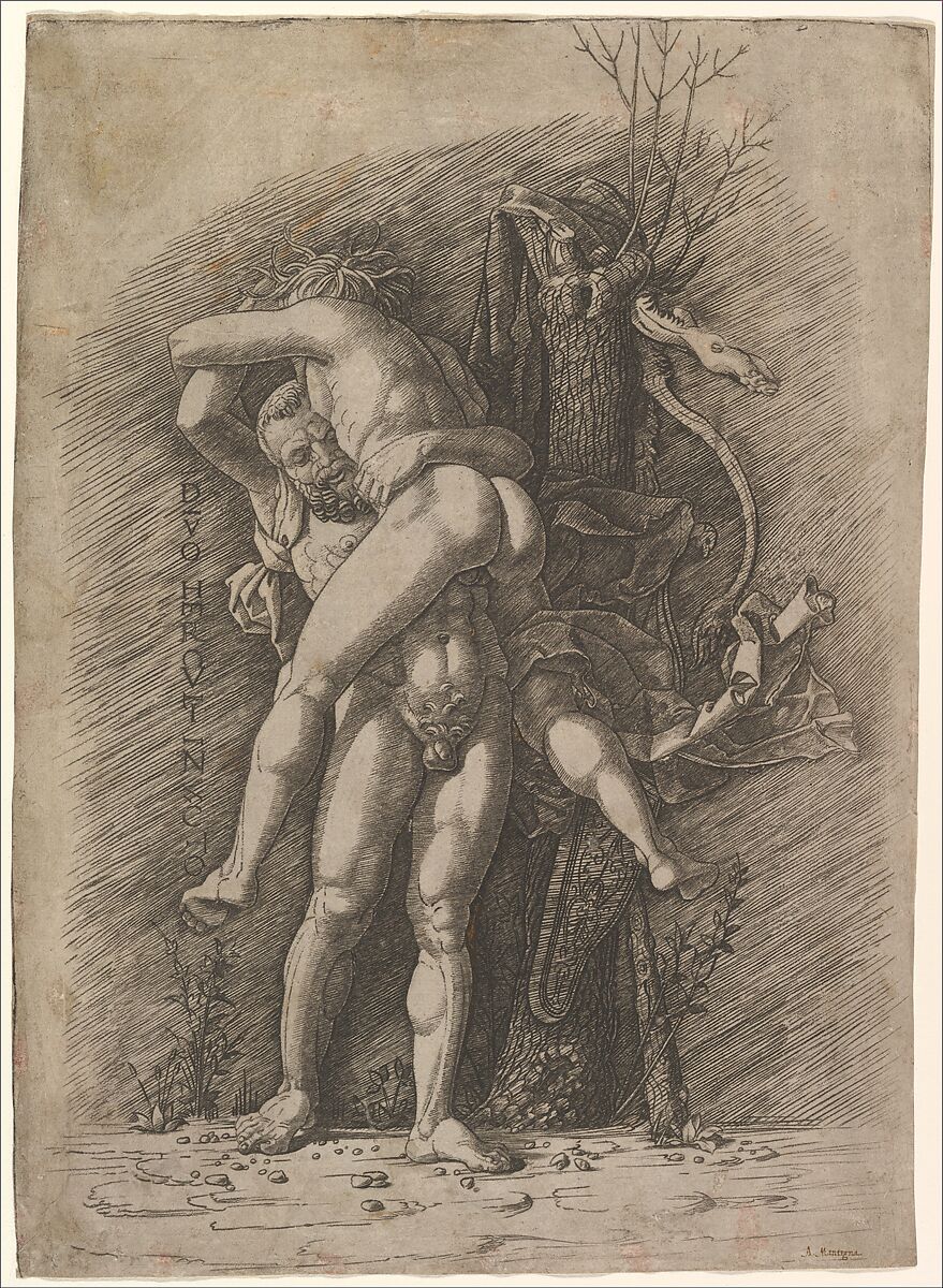 Hercules and Antaeus, Gian Marco Cavalli (Italian, ca. 1454–after 1508, activity documented 1475–1508), Engraving; main figures and parts of tree pricked for transfer 