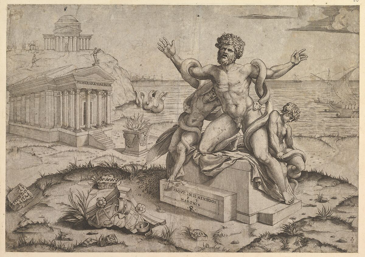 Ancient bas-reliefs with Laocoon, from "Speculum Romanae Magnificentiae", Marco Dente (Italian, Ravenna, active by 1515–died 1527 Rome), Engraving 