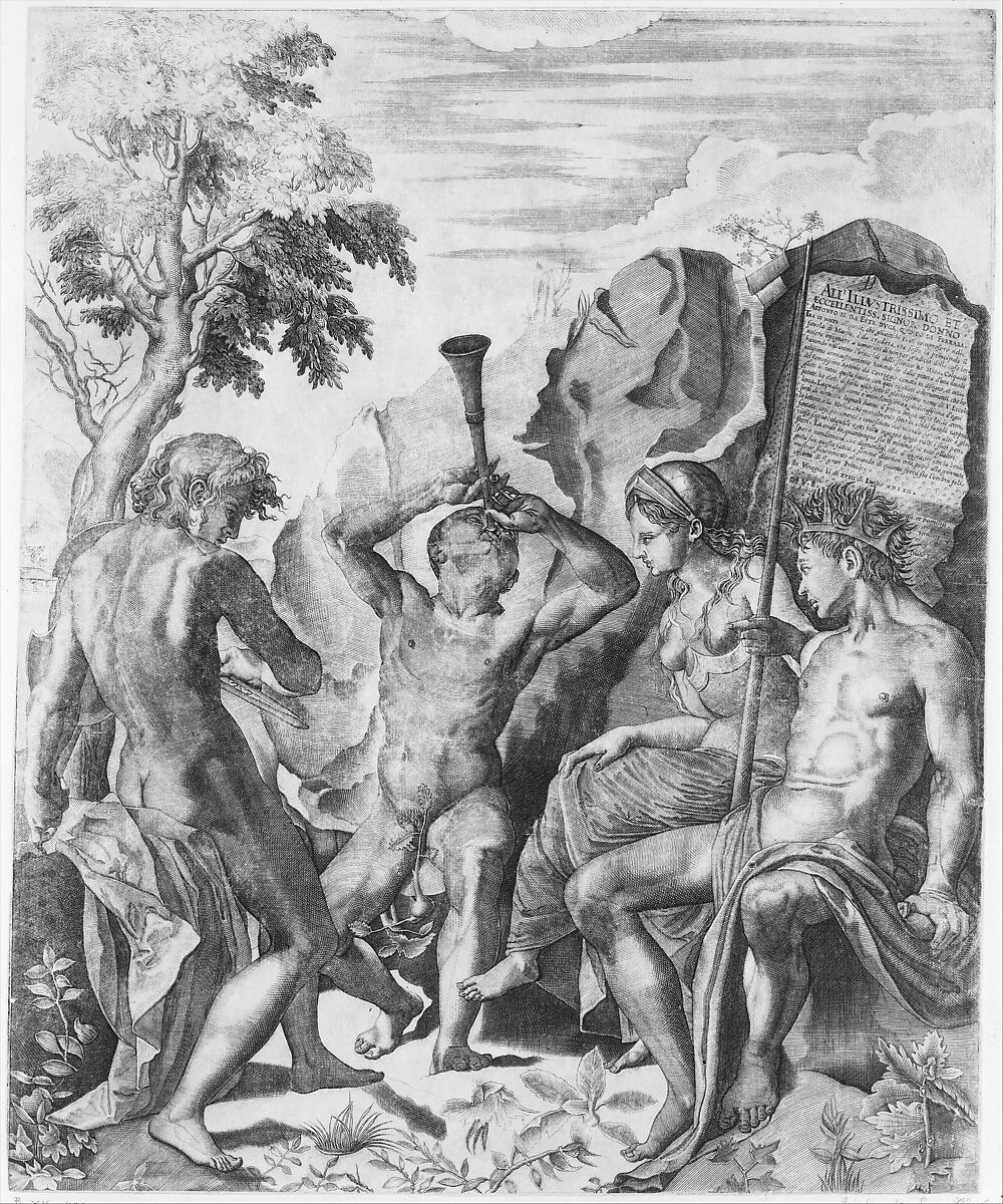 The Competition of Apollo and Marsyas and the Judgment of Midas, Giulio Sanuto (Italian, active 1540–88), Engraving (the right section of three-part image) 