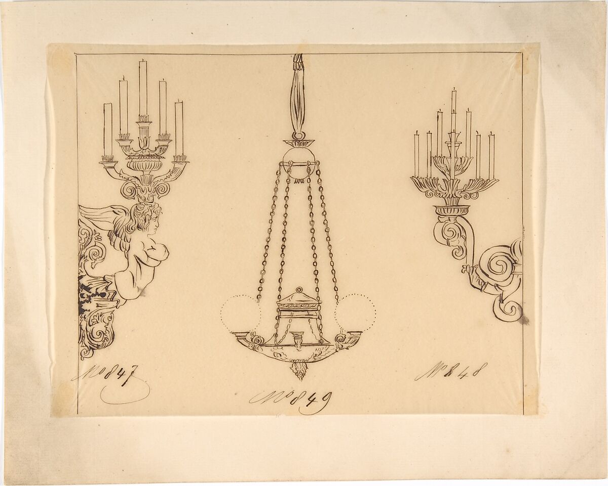 Designs for Two Sconces and a Chandelier, Anonymous, French, 19th century, Pen and brown ink