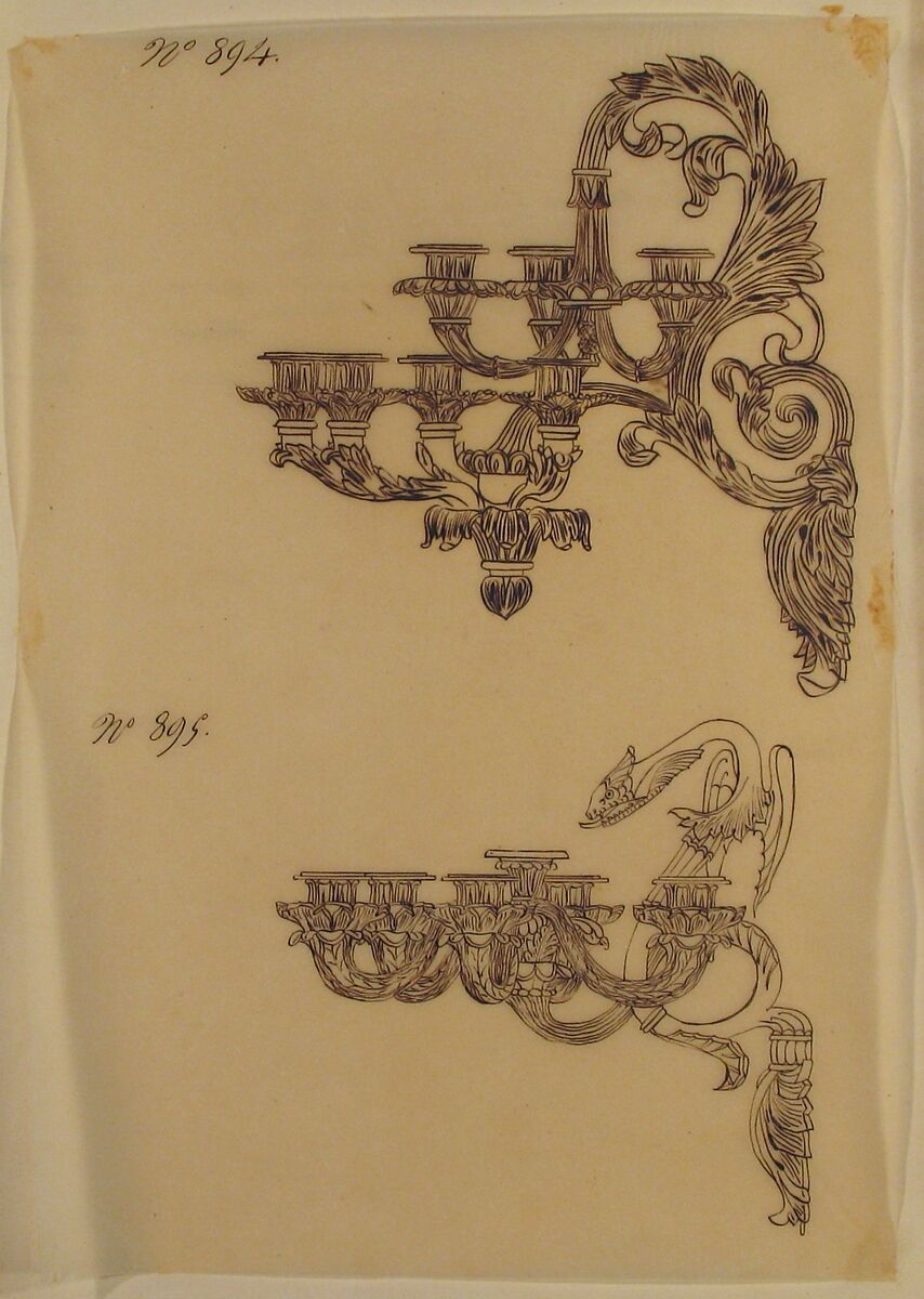 Designs for Two Sconces, Anonymous, French, 19th century, Pen and brown ink