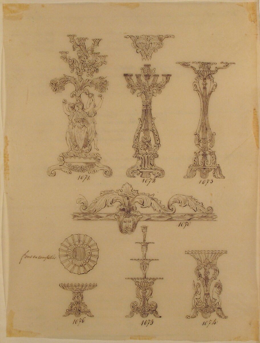 Designs for Three Candelabras, Two Fruit Dishes and a Server, Anonymous, French, 19th century, Pen and brown ink